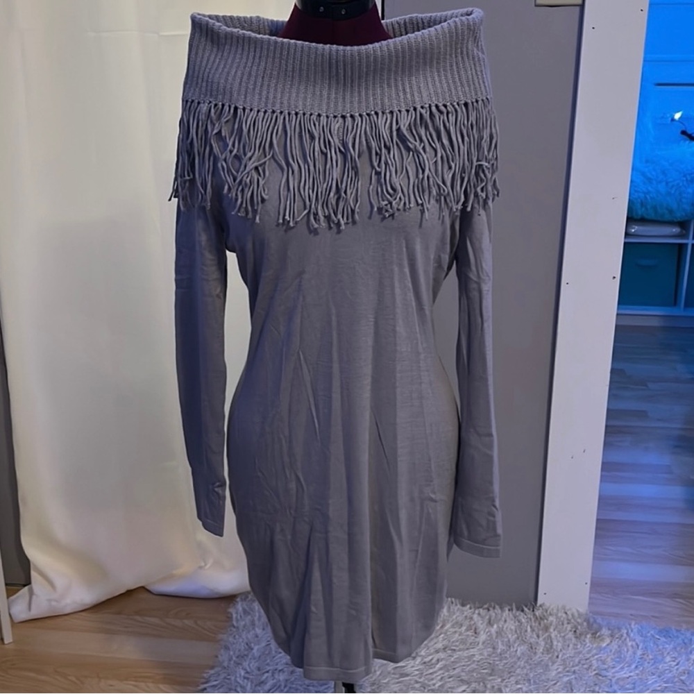 Gray Boston Proper Off The Shoulder Fringe Dress